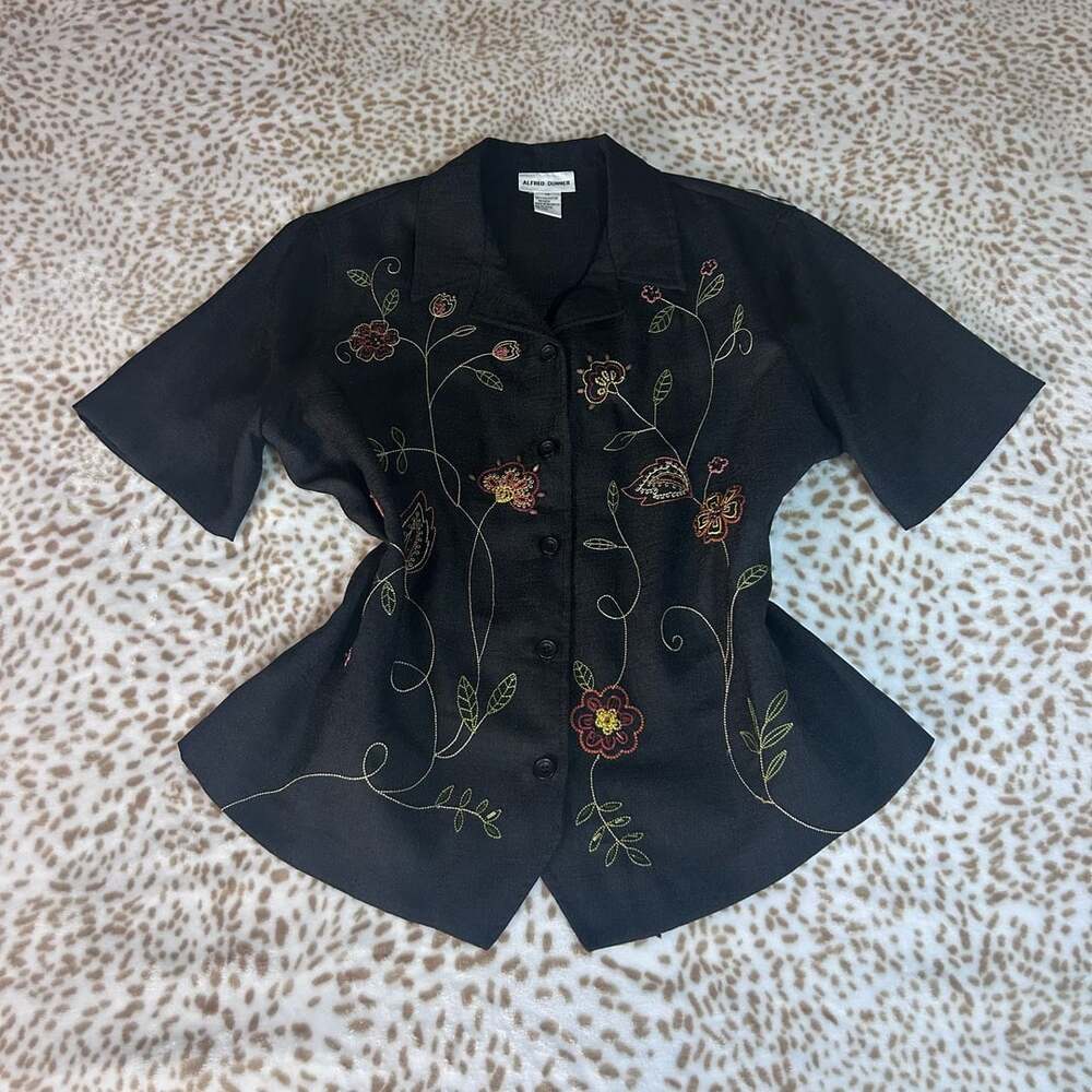 Alfred Dunner Vintage Black Embroidered Floral Button-Up Blouse Size 14